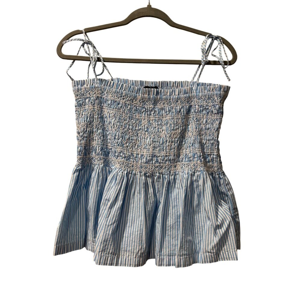 J. Crew Paloma Top Blue Pale Cerulean Stripe Smocked Cotton Sleeveless Peplum To - Picture 4 of 12